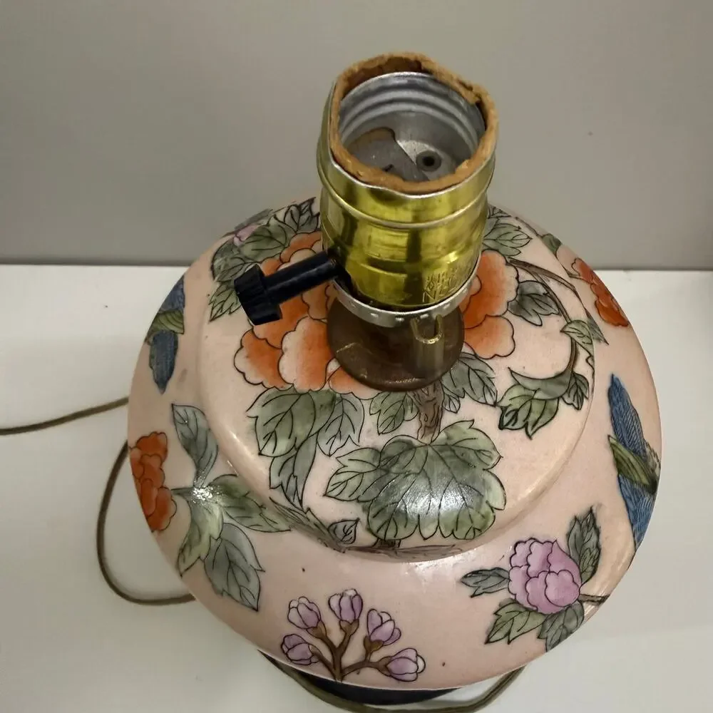 Chinese Ginger Jar Table Lamp Enamel Porcelain Pink Floral Bird Chinoiserie
